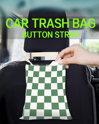 Image of Car Trash Can, Durable Hanging Car Trash Garbage Bag, Cute Automotive Garbage Cans Organizer, White Green Checkerboard