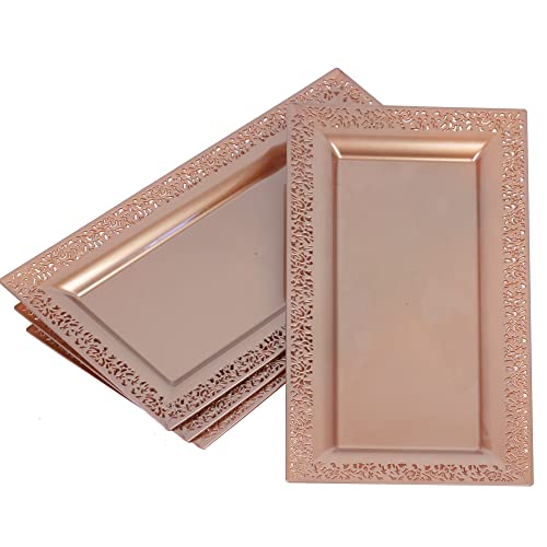 4 (Pk) Yumchikel 14" X 7.5" Rose Gold Lace Rim Plastic Serving Trays & Platters | Heavy Duty Disposable Decorative Dessert Tray - Party Platters For Upscale Parties Weddings Brand: Yumchikel #TOP1