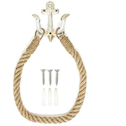 Nautical Toilet Paper Holder Towel Rack, Wall Mounted Paper Roll Towel Rope Holder for Bathroom, Nautical Decor Anchor w Natural Rustic Rope Storage Hook Beach Theme Home Decoration Accessories(White) Cover