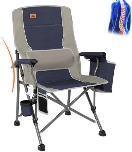 Fully Padded Camping Chair, Heavy Duty Quad Fold Arm Chair Support 350 Lbs With Cup Holder, Blue