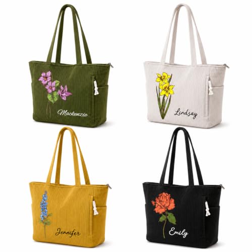 CALLIE Custom Birth Flower & Name Corduroy Tote Bag for Women