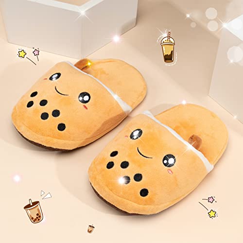 Boba Slippers | Cute Anime Kawaii Bubble Tea | Plush Soft Fuzzy Non-Slip Satin Slip-On House Shoes | Indoors One Size Adults Teens Boba Stuff Fun Birthday Gifts (Beige, Women Small Medium)2