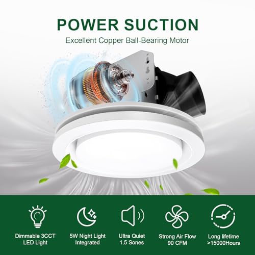 Ventilador de extracción Akicon con luz y regulador, 90 CFM, 1.5 sones, luz LED dimmable 15W con luz nocturna 5W para baño y hogar, redondo, negro miniatura 2