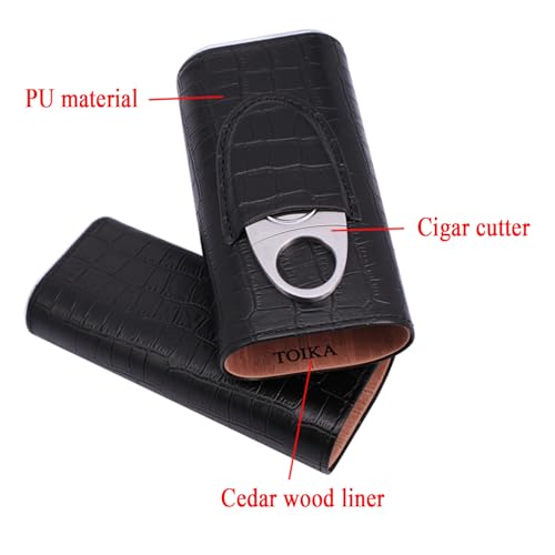 3 Tubes Classic Black Crocodile Pattern Leather Cigar Case Humidor with Cedar Wood Lined in Gift Box, Cigar Cutter Contained - Image 4
