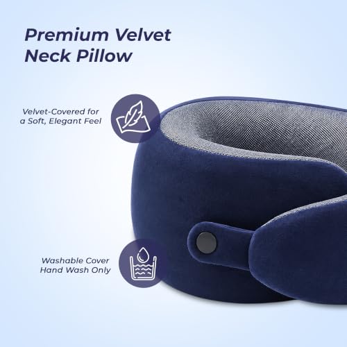Image of Billebon Memory Foam Neck Pillow with Cooling Gel, Snake Shape Travel Pillow with Snap Button, Neck Rest for Travelling & Flight Travel, Ergonomic Support for Comfort & Pain Relief (Navy Blue)