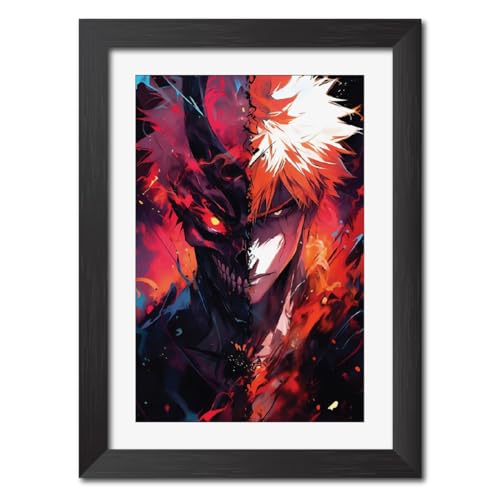 Image of TenorArts Ichigo Posters Bleach Anime Poster Laminated Photo Frame Painting with Matt Finish Black Textures (12inches x 9inches)