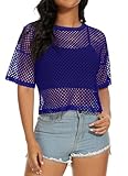Women's See Through Top Mesh Fishnet Blouse Short Sleeve Sheer Cover Up T Shirt(Dark Blue,S)