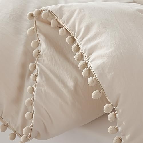 YIRDDEO Queen Comforter Set - Comforter Queen Size Sets with Ball Pom Fringe, Soft Bedding Set for All Seasons - 3 Pieces, 1 Comforter (90"x90") & 2 Pillow Shams (20"x26"), Beige