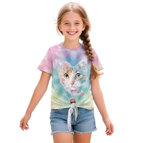 Girls Tie Front Top Summer Short Sleeve T Shirts Crewneck Tees for Kids Toddlers, 5-12 Years