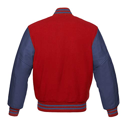 Varsity Jacket Baseball Letterman Bomber School Collage Red Wool and Genuine Navy Blue Leather Sleeves2