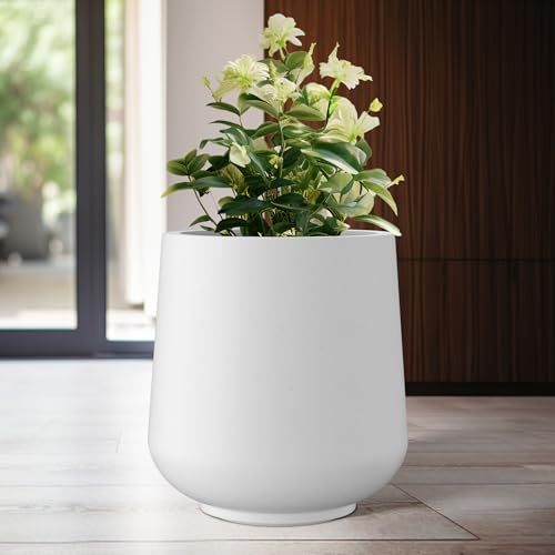 Image of Kante White Concrete Planter 16.5 inch Dia All-Weather Round Large Pot | Handcrafted Cement Curved, Anti-Frost & UV Outdoors, Plug for Indoor, Lightweight & Durable, Modern Home, Garden, Porch