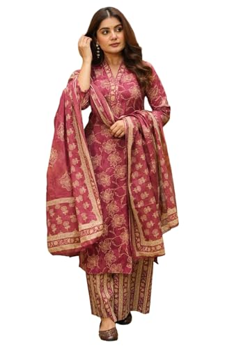 Kurta droite imprimée GoSriKi avec palazzo et dupatta assorti pour femme