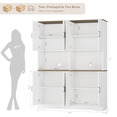 HOSTACK 71" Tall Pantry Cabinet, 55" Wide Kitchen Pantry Storage Cabinet, Large Kitchen Hutch with 2 Microwave Stands, Farmhouse Coffee Bar Station with Doors and Shelves for Dining Room, White
