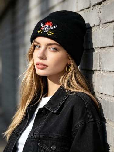 Image of Embroidered Skeleton Beanie Hat Winter Stretch Knit Skull Cap for Men Women