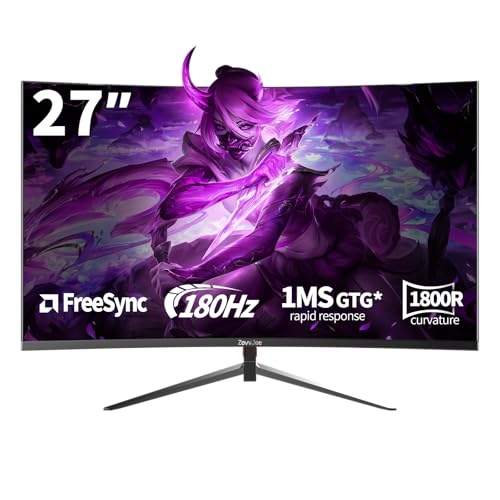 27 Zoll Curved Gaming Monitor mit 180Hz, FHD 1080p, 1ms Reaktionszeit, FreeSync, 98% sRGB, Ultra-Dünner Rahmen, 178° Blickwinkel, HDMI/DP Port, VESA 100x100mm, Perfekter Monitor für Gamer und Profis