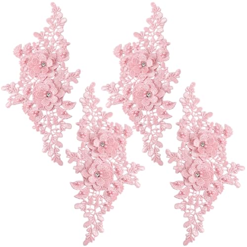 CABODYALS 2 works 4Pcs Pink Floral Embroidery Applique Beaded 3D Flower Rhinestone Appliques Polyester Lace Pearl Crystal Sew on Patches for Sewing Making Clothes Wedding Gowns Accessories