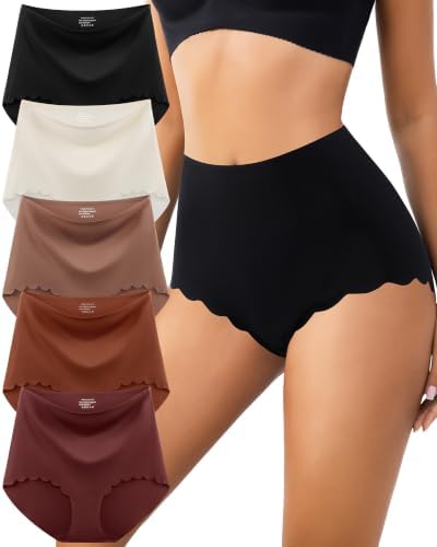 OPIBOO Womens Seamless Underwear High Waisted No Show Panties Full Coverage Cute Scalloped Edge Silky Breathable Briefs 5 Pack M