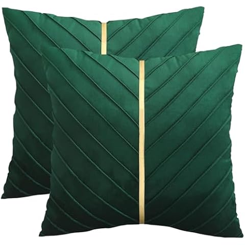 Tosleo Dark Green Velvet Throw Pillow Covers 18x18 inch Pack of 2 with Gold Leather Home Decorative Cushion Cases Luxury Modern Pillow Covers for Sofa Bedroom Livingroom Car Cover