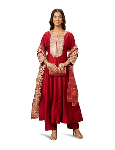 Image of Amazon Brand - Myx Women's Embroidered Anarkali Kurta Pant Set with Organza Dupatta | A-line fit (Available in Plus Sizes)