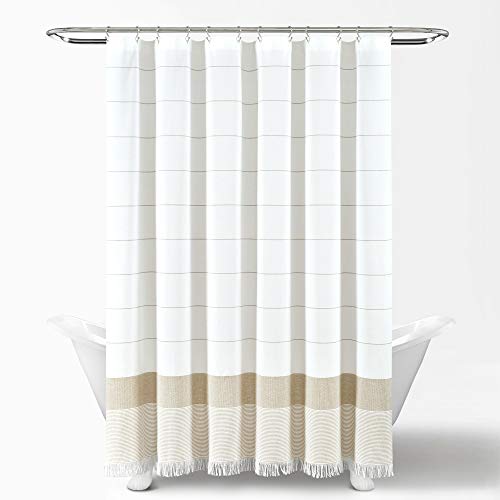 Lush Decor White Woven Cotton Shower Curtain with Taupe Stripe and Tassel Fringe, Bathroom Accessories (72" x 72") by Lush Decor - Image 3