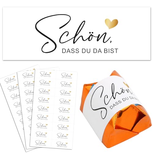 BOOMTOP 56 Aufkleber Schön, dass du da bist Hochzeit Gastgeschenke Sticker Herzchen Pralinenaufkleber für Geburtstag Taufe Kommunion für Küsschen Pralinen Rechteckig 5x1,8cm