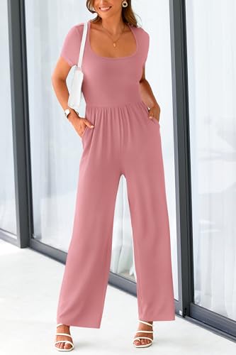 PRETTYGARDEN Women's Summer One Piece Jumpsuits Dressy Casual Short Sleeve Square Neck Wide Leg Jumpsuit Rompers