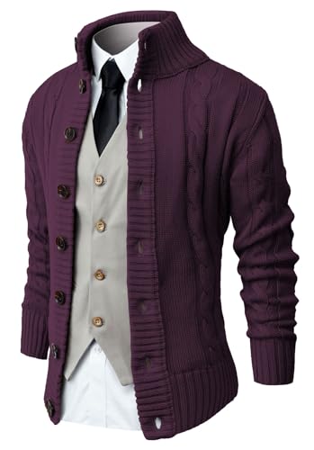 Image of NITAGUT Mens Long Sleeve Stand Collar Cardigan Sweaters Button Down Cable Knitted Sweater，Purple Red，Medium