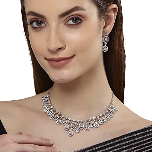 Image of Karatcart Silver Toned American Diamond Studded Jewellery Set for Women