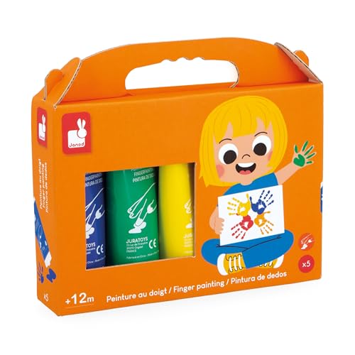Janod - 5 tubetti di pittura a dita per bambini a partire da 1 anno - Tubetto da 75 ml - Dermatologicamente testato e...