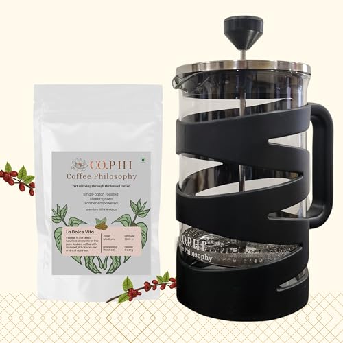 Image of CO.PHI French Press Coffee Maker, 800ml German Borosilicate Glass Carafe, Stainless Steel Filter, BPA-free Materials, Ergonomic Handle, Black Spiral Design with 100 gms La Dolce Vita Ground Coffee