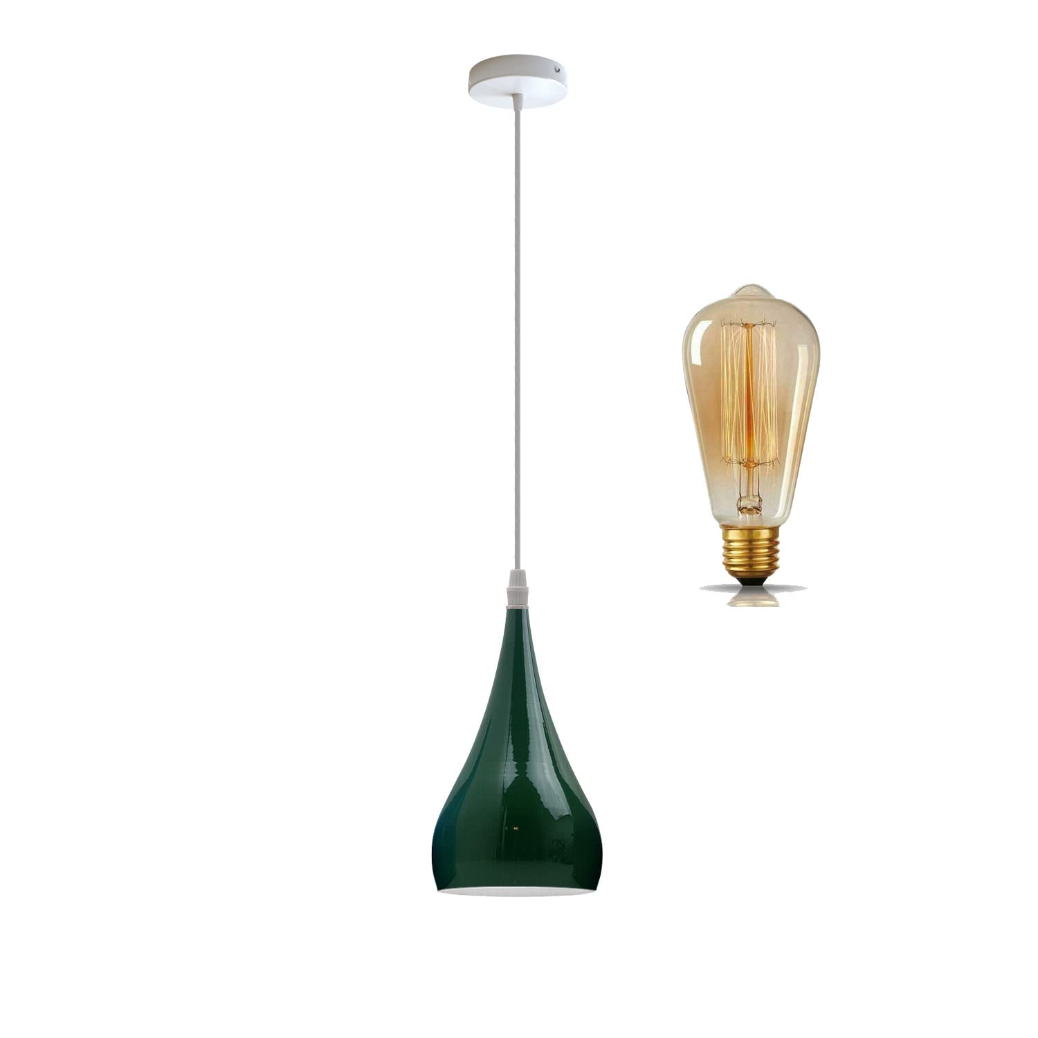 LEDSone Modern Hanging Pendant Light Fitting, Industrial Loft Ceiling Adjustable Lamp Teardrop Metal 16cm Light Shade, E27 Base Pendant for Cafe, Restaurent, Living Room, Kithcen Island (Green+Bulb) — image 1
