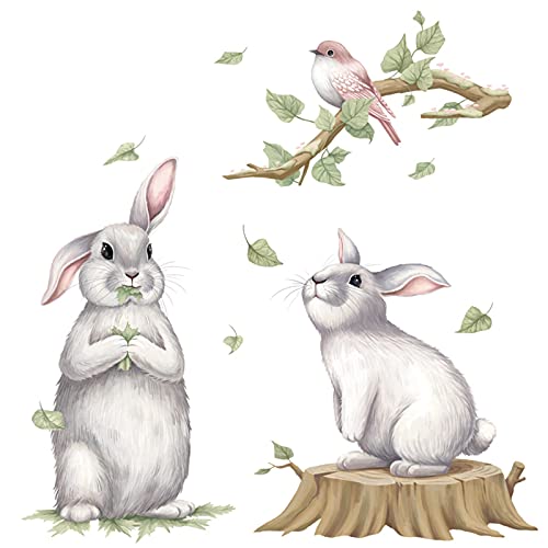 Noa 2 Cute Rabbit Wall Stickers With Bird On The Branches Decals, Removable Cartoon Animal Bunny 3D Vinyl Wallpaper Decor, Diy Art Mural For Nursery Baby Bedroom Living Room #TOP6