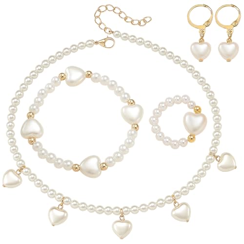 GWAWG Girls Pearl Jewelry Set, Heart Butterfly Necklace Earring Bracelet Ring Set for Little Girl, Princess Dress Up Kids Jewelry Party Birthday Gift Toys for 3-15 Year Old Girls (White, One Size)