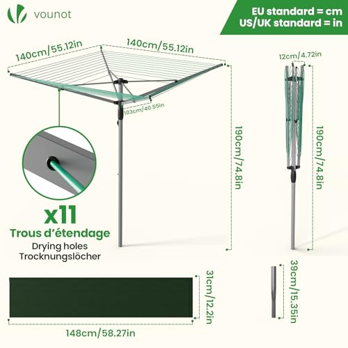 Miniatura 3 de Vounot Tendedero Giratorio 45m De Cuerda Secadora De Ropa Rotativa Para Exteriores 4 Brazos Sistema Tipo Paraguas Línea De Lavado Plegable Con Funda Y Estaca Para Jardín Al Aire Libre Plateado Verde
