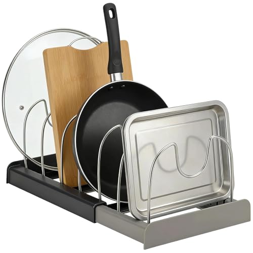 HECHKJ Porta Coperchi Pentole Salvaspazio Estensibile da Cassetto, Organizer Pentole e Padelle con 7 Divisori Rimovibili, Porta Coperchi da Cucina per Padelle, Piatti e Teglie
