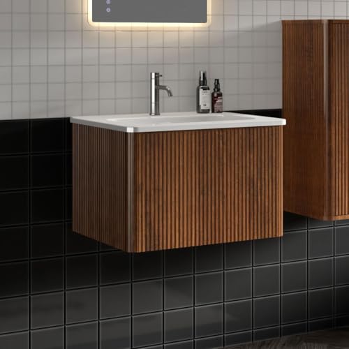 24" Fully Assembled Wall Mount Bathroom Vanity with Sink, Walnut