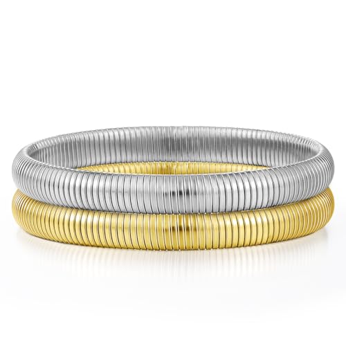 Emibele Bangle Bracelet Set 2Pcs, 8mm Chunky Stainless Steel Non Tarnish Bracelet Stack, Flexible Stretch Wide Wristband Bangle Layered Snake Chain Bracelet for Women, Gold & Silver