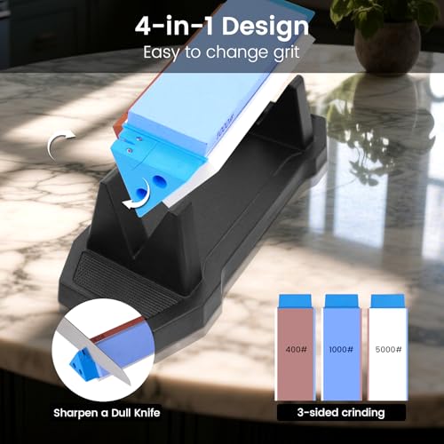 Image of 3-Sided Sharpening Stone Kit, 400 /1000 /5000 Grit Knife Sharpening Stone with Leather Strop, Angle Guide & Non-Slip Base, Professional Whetstone Knife Sharpener for Kitchen Knives, Scissors