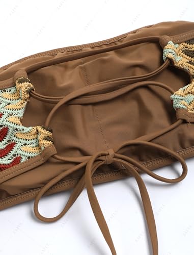Image of ZAFUL Women Strapless Textured Bandeau Bikini 2 Piece Swimwear Cheeky Solid Lace up Bathing Suits