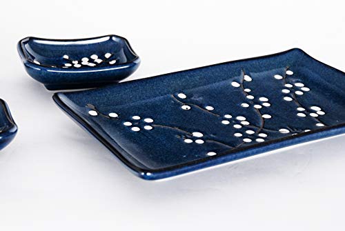 Hinomaru Collection Sakura Cherry Blossom Design 6 Piece Sushi Dinner Set Rectangular Sushi Plate Sauce Dish And Chopsticks Sushi Dinner Set For Two (Blue Sakura) #TOP2