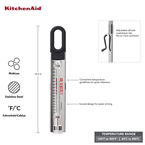 Image of KitchenAid KQ907 Curved Candy and Deep Fry Thermometer, TEMPERATURE RANGE: 100 F to 400 F /40 C to 200 C, Black
