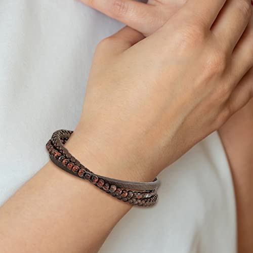 Chisel Stainless Steel Polished Multi Strand Tiger's Eye Beaded Brown Leather Bracelet - 8.25" #TOP2