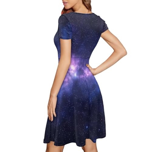 Image of HUGS IDEA Womens Puffy Swing Midi Dress Round Neck Short Sleeve Party A-Line Dresses