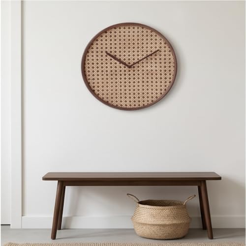 Image of The Artment your artistic apartment Brown CaneHalo Clock Natural Cane Weave Wall Clock, Silent Quartz Movement, Wooden Frame Minimalist Round Clock for Living Room, Bedroom, Office Decor
