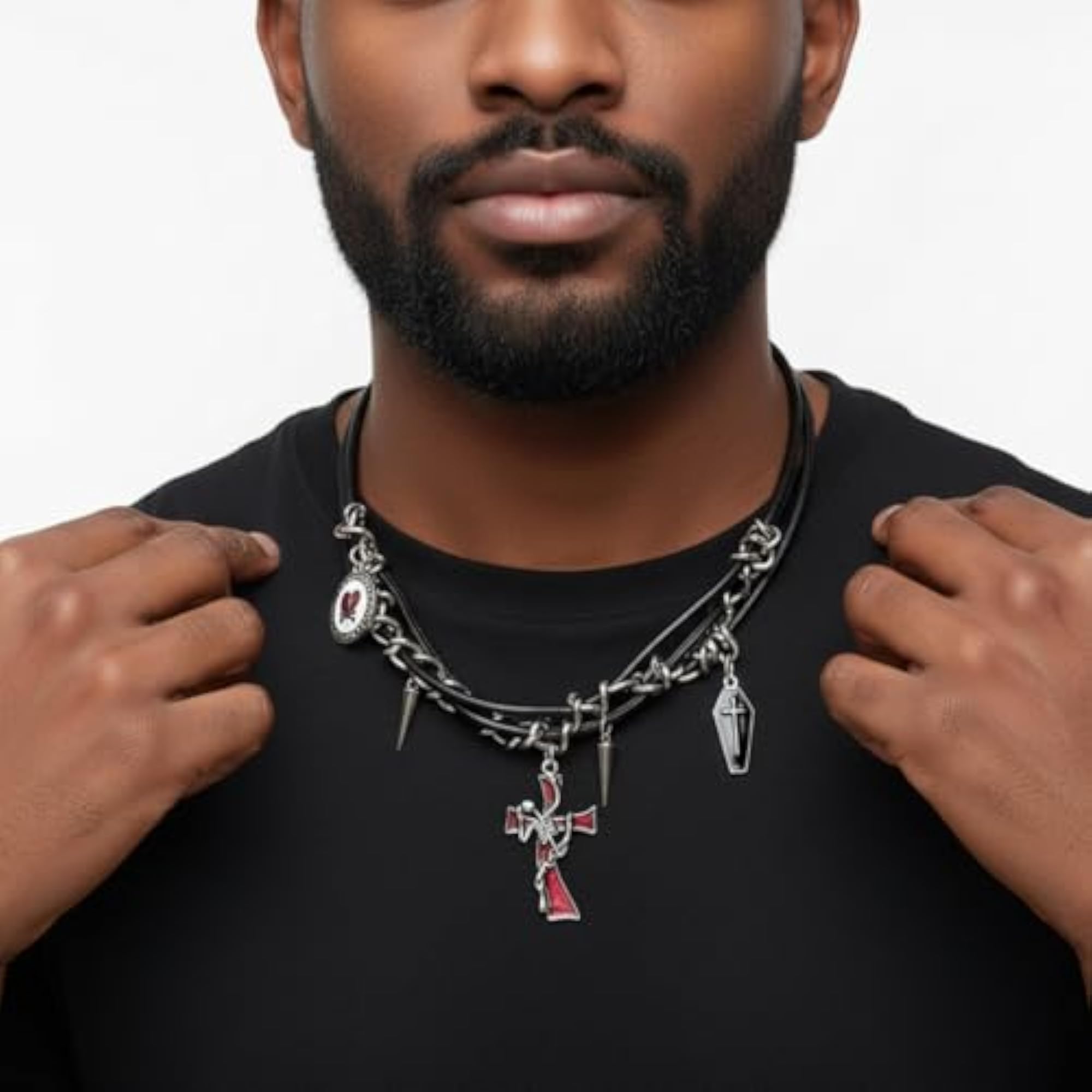 Cross Heart Rivets Charms Choker Necklace, Gothic Style