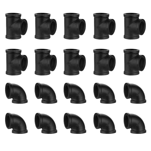 Home TZH 3/4' Black Pipe Fitting Tee & Elbow, 20 Pack Cast Iron Pipe Elbow/Tee for Steampunk Vintage DIY Pipe Decor Project/Furniture/Shelving Decoration(20, 3/4' Black Painted(10 Elbows, 10 Tees))