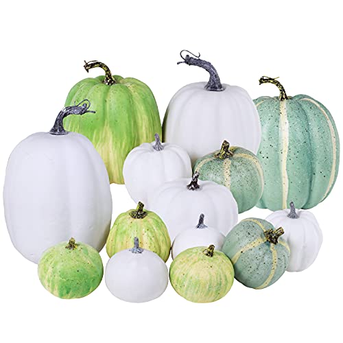 Winlyn 14 Pcs Assorted Artificial Green and White Pumpkins Harvest Decorative Pumpkins Foam Pumpkins for Farmhouse Fall Thanksgiving Halloween Table Centerpiece Mantel Kitchen Decor
