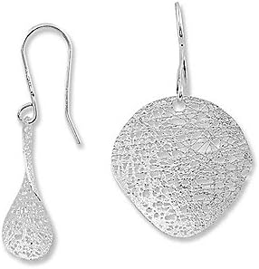 Italian Designer Solid 14k White Gold Dangle Drop Earrings | Mesh Curved Circle Design | Medium (M) Size - $195 DESIGNER GOLD GIFT SALE + | NO Sale TAX exc. MA