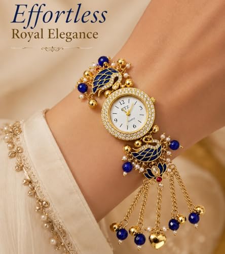 Image of Kashmiri Bracelet Watch for Women Stylish | Blue Swan Pearl Strap Analog Watch | Ethnic Fashion Jewellery Watch for Girls | Festive, Wedding, Party & Gift