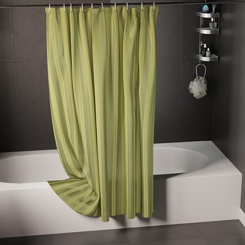 Image of Encasa XO Waterproof Shower Curtain for Bathroom 6 x 6 feet(183x183 cm), Anti-Fungal Polyester Washroom Curtain with 12 Hooks, Wet & Dry Partition Toilet Curtains Stripe Sage
